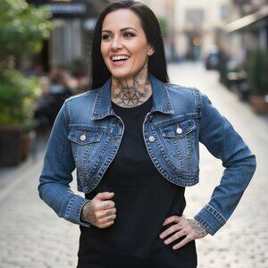 Younique ✦ Cropped Denim Jacket ✦ Blue Snap-Button Long Sleeve Cotton-Blend M